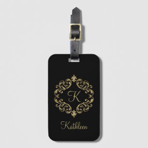 Étiquette de bagage à monogramme noir et doré avec