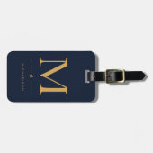 Étiquette de bagage à monogramme or bleu marine (Devant horizontal)