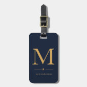 Étiquette de bagage à monogramme or bleu marine (Devant Vertical)