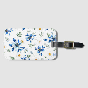 Étiquette de bagage à motif floral bleu aquarelle.