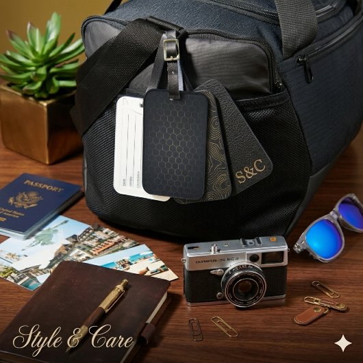 Étiquette de bagage à motif hexagonal noir et or é