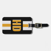 Étiquette de bagage à rayures noir et or Monogramm (Devant horizontal)