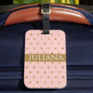 Étiquette de bagage jolie rose et or à pois