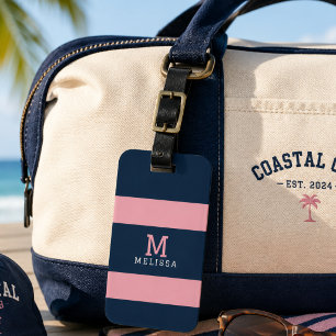 Étiquette de bagage rose marine moderne à rayures