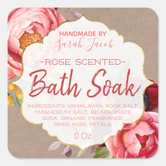 Étiquette de bain floral Kraft personnalisable (Devant)