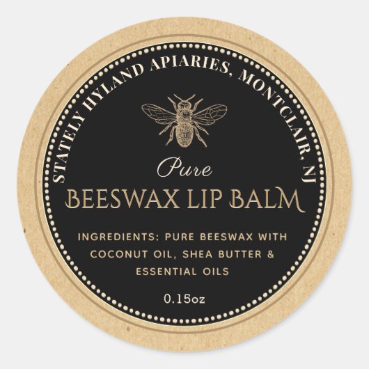 Étiquette de baume à lèvres NOIR SUR KRAFT Beeswax (Devant)