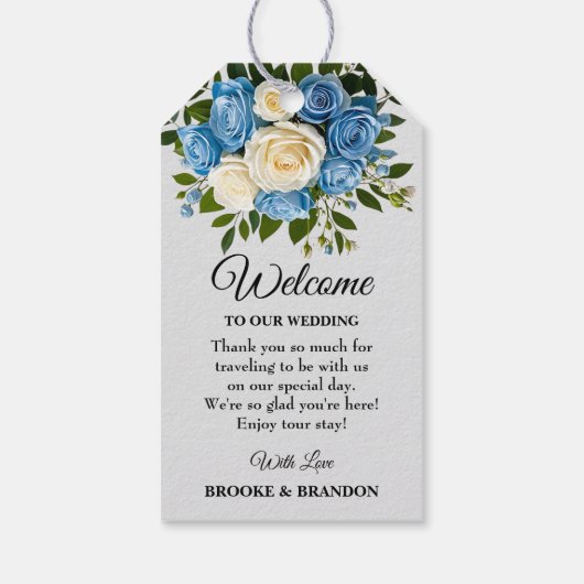 Étiquette de bienvenue florale bleue et blanche (Dos)