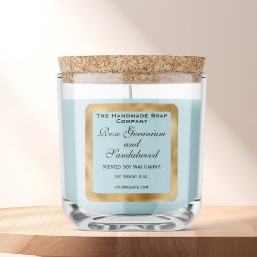Étiquette de bougie bleu pâle et feuille d'or