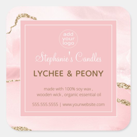 Étiquette de bougie | Marbre rose et paillettes do (Devant)