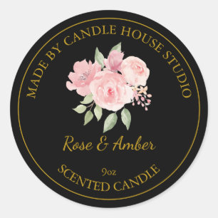 Étiquette de bougie Rose maison en or Noir