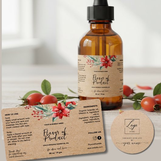 Étiquette de bouteille compte-gouttes Kraft Floral