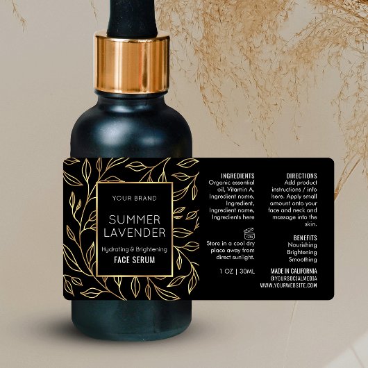 Étiquette de bouteille cosmétique Black & Gold Flo