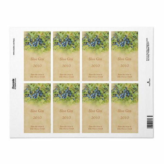 Étiquette de bouteille de gin Sloe (Feuille entière)