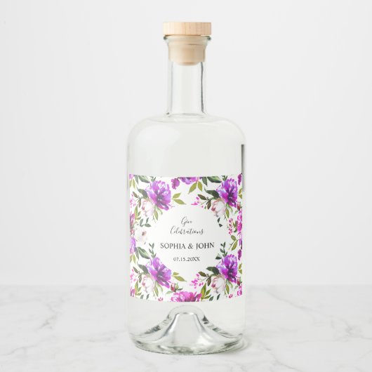 Étiquette de bouteille de Mariage de fleurs violet (Devant)