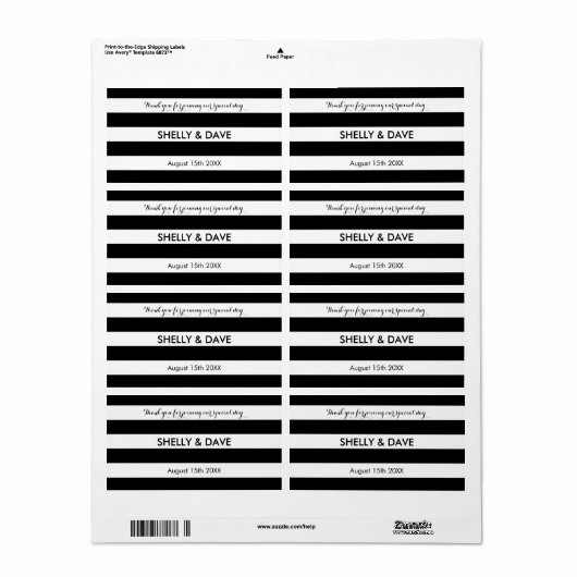 Étiquette de bouteille d'eau à mariage rayé noir e (Feuille entière)