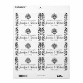 Étiquette de bouteille d'eau Damask noir et blanc (Feuille entière)