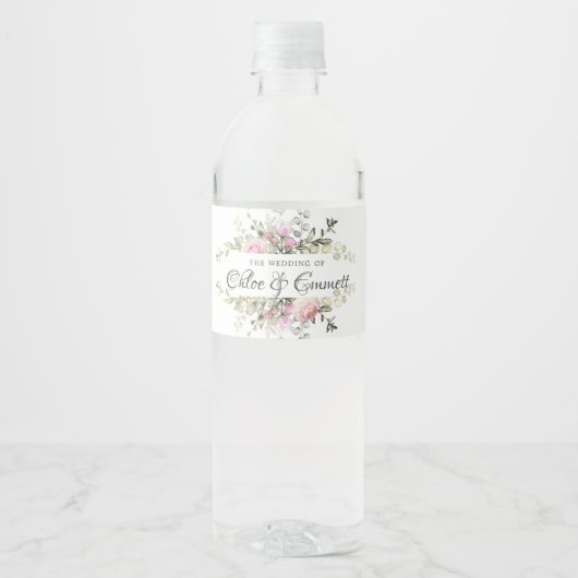 Étiquette de bouteille d'eau Mariage rose botaniqu (Devant)