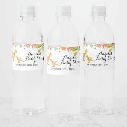 Étiquette de bouteille d'eau rose or Dino fille (Bouteilles)