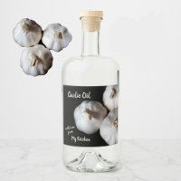 Étiquette de bouteille d'huile d'ail blanc de troi
