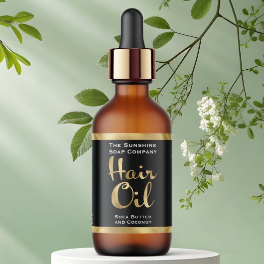 Étiquette de bouteille d'huile de cheveux noir et 