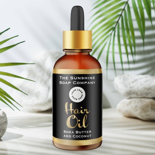 Étiquette de bouteille d'huile de cheveux noir et 