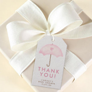Étiquette de cadeau de baby shower parapluie rose