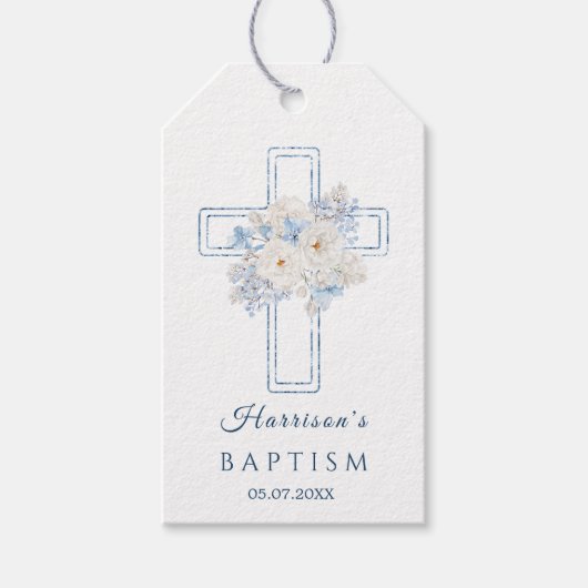 Étiquette de cadeau de baptême à croix bleue flora (Devant)