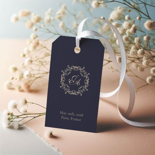 Étiquette de cadeau de mariage à monogramme baroqu
