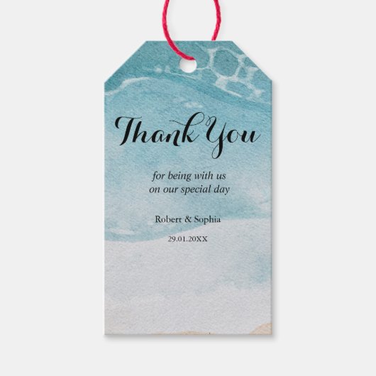Étiquette de cadeau de mariage de plage bleue d'ét (Devant)