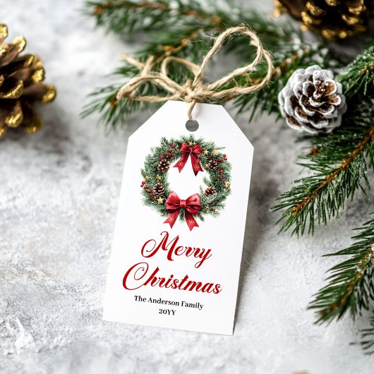 Étiquette de cadeau de Noël Couronne de pin classi