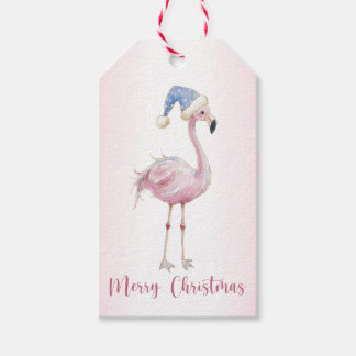 Étiquette de cadeau de Noël Flamant Rose Santa