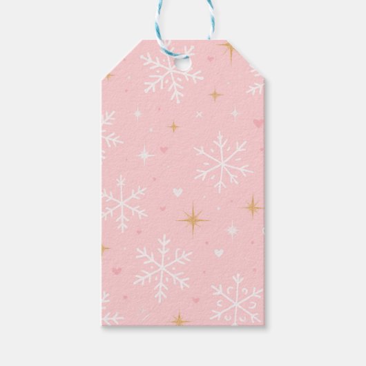 Étiquette de cadeau de Noël flocon de neige rose e (Devant)