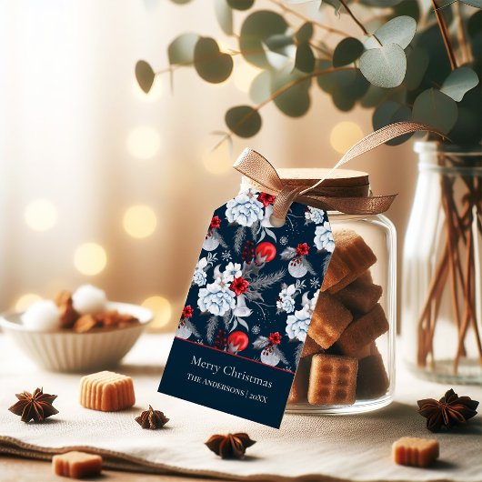 Étiquette de cadeau de Noël joyeux au feuillage bl