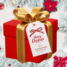 Étiquette de cadeau de Noël joyeux avec ruban roug
