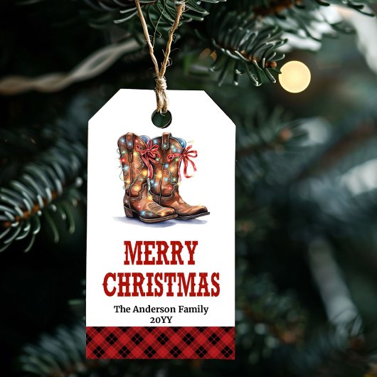 Étiquette de cadeau de Noël rustique western botte