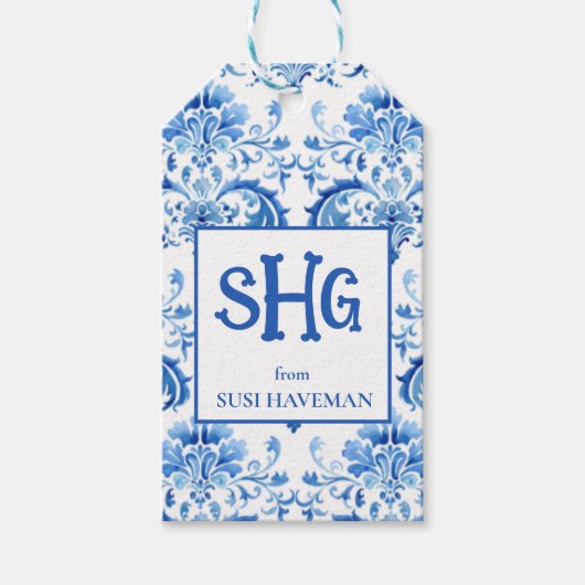 Étiquette de Cadeau Monogramme Bleu et Blanc (Devant)