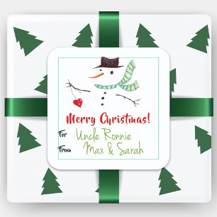 Étiquette de Cadeau Noël Art Bonhomme de Neige ave