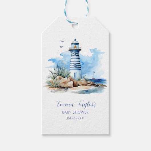 Étiquette de cadeau pour Baby Shower : Phare nauti (Devant)