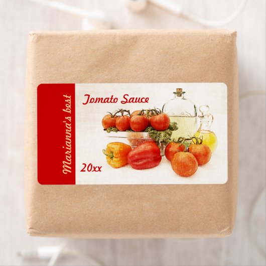 Étiquette de conserve de sauce tomate ou pâtes (En situation)