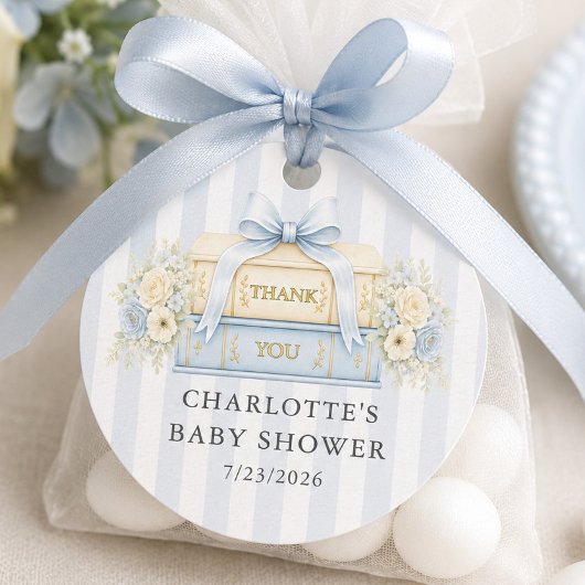 Étiquette de faveur de Baby Shower à rayure bleue