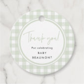 Étiquette de faveur de Baby Shower Gingham Vert (Devant)
