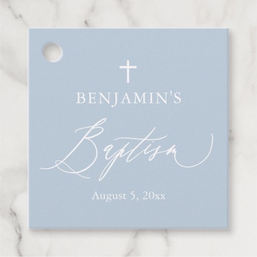 Étiquette de faveur de baptême garçon croix blanch (Devant)