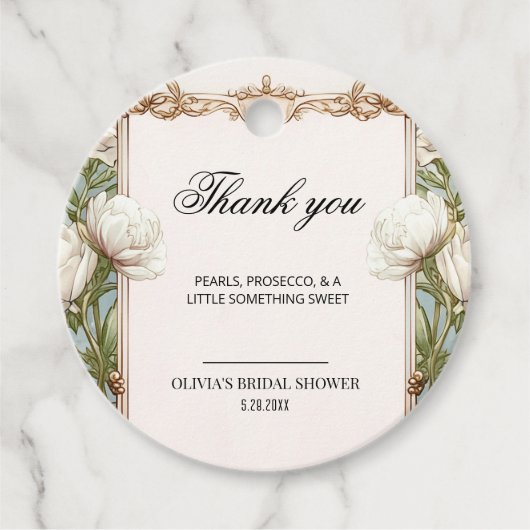 Étiquette de faveur de douche nuptiale perles flor (Devant)