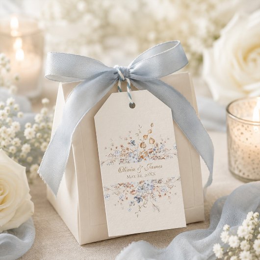 Étiquette de faveur de mariage botanique bleu pous