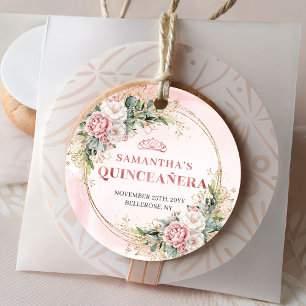 Étiquette de faveur de rose dorée rose pêche Eucal