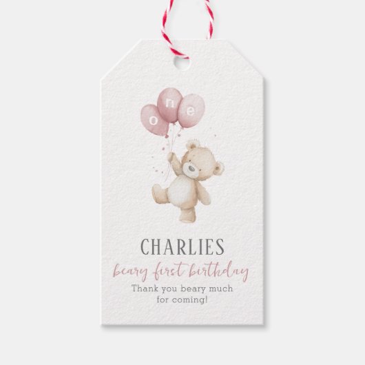 Étiquette de faveur d'ours rose pour le 1er annive (Devant)