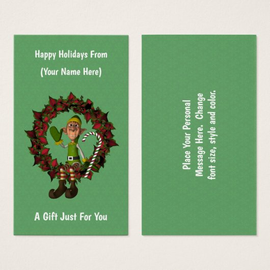 Étiquette de la carte cadeau de Noël Elf On Wreath (Devant & derrière)