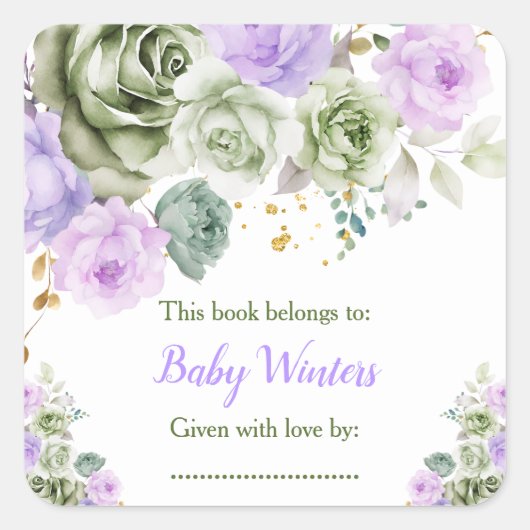 Étiquette de livre de baby shower floral vert saug (Devant)