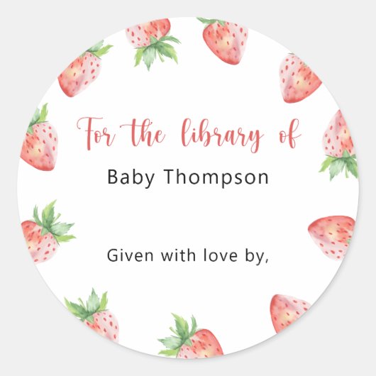 Étiquette de livre pour Baby Shower fraise, livres (Devant)