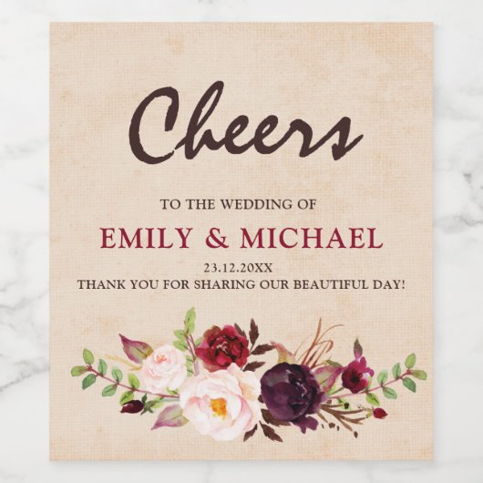 Étiquette de mariage de Boho Rustique Rouge Bourgo (Étiquettes simples)